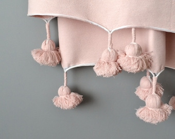 Dusty Pink Cotton Pom Pom Throw/Moroccan Blanket/Pom Pom Blanket