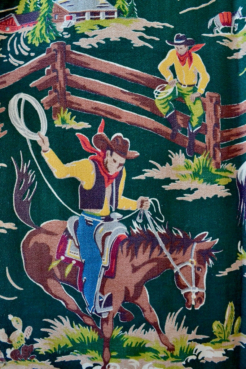 Vintage 40s Western Barkcloth Curtains // 1940s Cowboy Rodeo Print