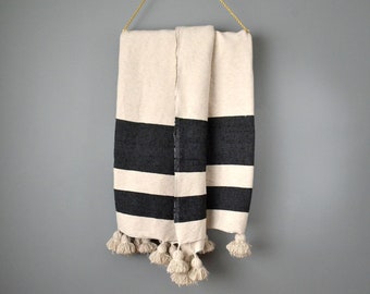 Black Stripe Moroccan Pom Pom Blanket