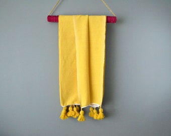 Mustard Lightweight Pom Pom Throw / Yellow Pom Pom Throw / Moroccan Throw