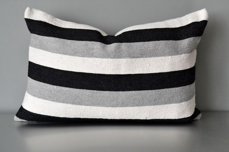 Black Gray and White Striped Moroccan Cotton Throw Pillow image 1