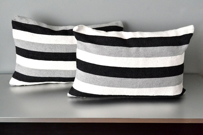 Black Gray and White Striped Moroccan Cotton Throw Pillow image 3