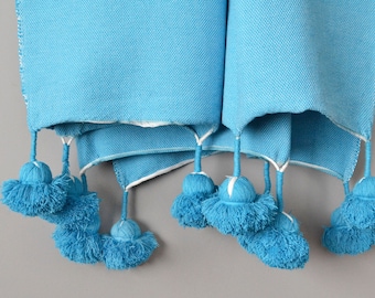 Robin's Egg Blue Cotton Pom Pom Throw / Blue Pom Pom Throw / Moroccan Throw