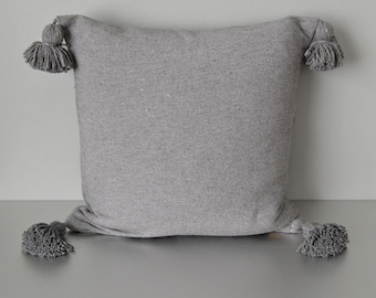 Steel Gray Moroccan Cotton Pom Pom Throw Pillow - 20" X 20" Square