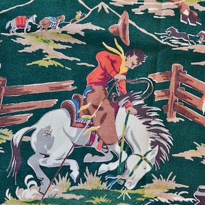 Vintage 40s Western  Barkcloth Curtains // 1940s Cowboy Rodeo Print Green Barkcloth Drapes // 2 Panels