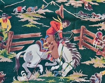 Vintage 40s Western  Barkcloth Curtains // 1940s Cowboy Rodeo Print Green Barkcloth Drapes // 2 Panels