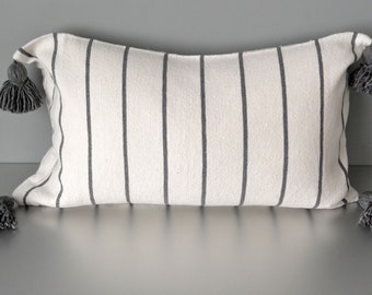Steel Gray Striped Moroccan Pom Pom Cotton Lumbar Pillow