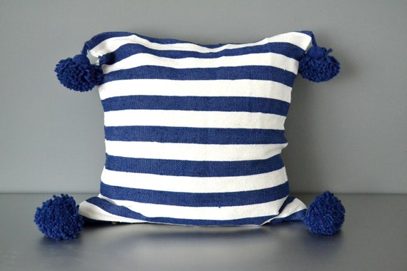 Blue Striped Moroccan Pom Pom Pillow Pillow Cover with Pom Poms Blue Pom Pom