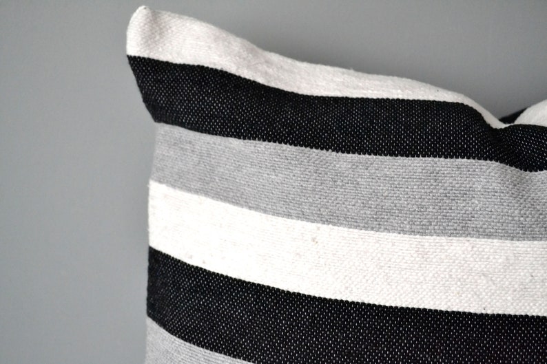 Black Gray and White Striped Moroccan Cotton Throw Pillow image 2