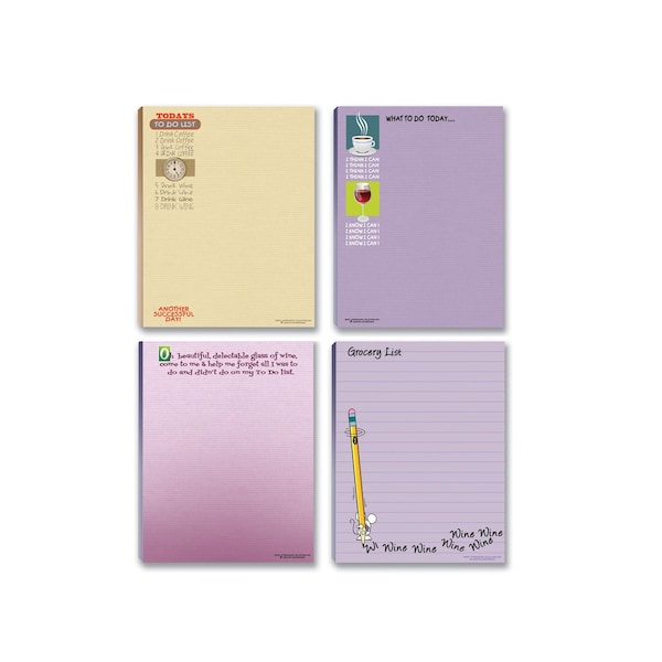 Funny Wine Theme Notepads - 4 Assorted Note Pads - Wine & Coffee Humor - 641