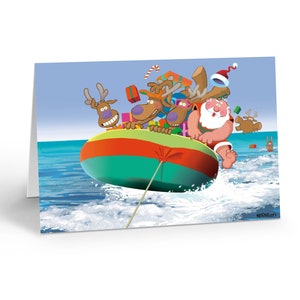 Santa and Reindeer Boat Tow Christmas Card - 18 Cards & Envelopes - Nautical Christmas Cards - 60011