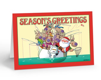 May include: A Christmas card featuring a cartoon illustration of Santa Claus and his reindeer fishing from a boat. The card has the text "Season's Greetings" at the top.