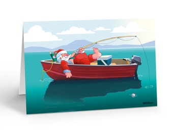 May include: A greeting card featuring a cartoon illustration of Santa Claus relaxing in a red motorboat on turquoise water. Santa wears his traditional red suit and hat while holding a fishing rod. A small cooler sits in the boat near his feet.