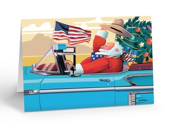 All American Santa - American Flag, Cowboy Hat, Classic Car - 18 Christmas Cards and Envelopes - 40035