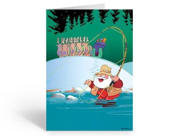 May include: A greeting card featuring a cartoon illustration of Santa Claus wearing a tan hat, red shirt, and red waders while fly fishing in a blue river. In the background, a team of reindeer pulls a sleigh filled with gifts across a snowy hill.