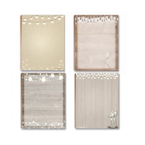 May include: Four rectangular decorative art prints. The prints feature various backgrounds, including burlap, wood grain, and a mason jar with flowers. Each print is adorned with string lights. The color palette includes beige, brown, and white.