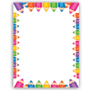 May include: A white sheet of paper with a colorful border of crayon pencils. The pencils are arranged in a repeating pattern of purple, blue, green, yellow, orange, red, and pink.