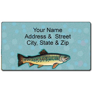 May include: A blue and white label with a brown trout fish illustration. The label has the text "Your Name, Address & Street, City, State & Zip".