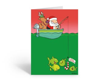 Santa Fishing Card Set, 18 Festive with Envelopes