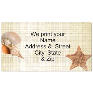 May include: A beige and brown seashell with a starfish on a beige background with the text "We print your Name Address & Street City, State & Zip".