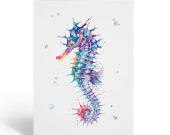 Marine Life Cards - Watercolor Seahorse Note Cards - 10 Cards with Envelopes - 4.25 x 5.5 inches - B14605