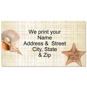 May include: A beige and brown seashell with a starfish on a beige background with the text "We print your Name Address & Street City, State & Zip".