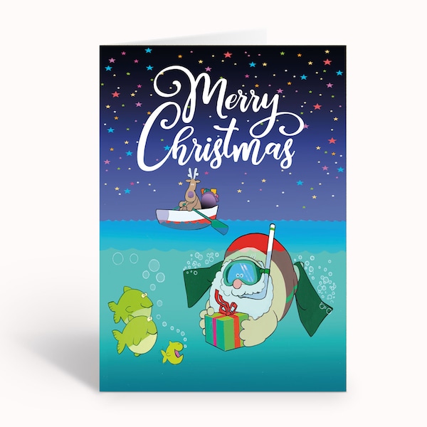 Snorkeling Santa Christmas Cards - 18 Christmas Cards & Envelopes - Presents For The Fish, Ocean - 60049