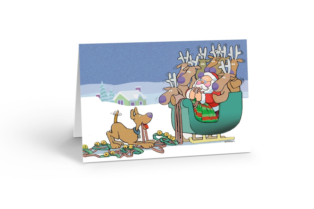 Dog Christmas Cards - Dog Scares Santa and Team - Funny Christmas Card ...