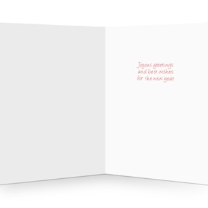 May include: A white greeting card opened to reveal the interior, featuring the red printed text: Joyous greetings and best wishes for the new year. The card is displayed against a plain background, showing a clean, simple design for holiday correspondence.