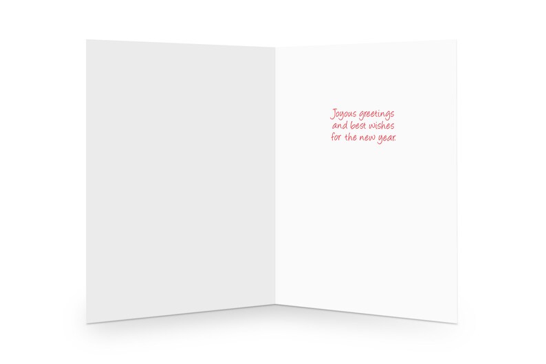 May include: A white greeting card opened to reveal the interior, featuring the red printed text: Joyous greetings and best wishes for the new year. The card is displayed against a plain background, showing a clean, simple design for holiday correspondence.