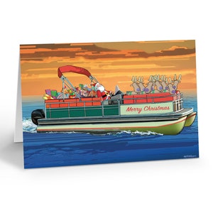 Santa&#39;s Pontoon Boat Delivering Presents Holiday Card - 18 Holiday Cards & 19 Envelopes - 60039