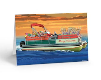 May include: A red and green pontoon boat with Santa Claus and reindeer on board. The boat is on a lake with a sunset in the background. The boat has the words "Merry Christmas" on the side.