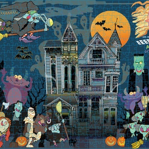 May include: A colorful Halloween-themed jigsaw puzzle featuring a haunted house, a witch flying on a broomstick, a monster, a mummy, a skeleton, and a ghost. The puzzle has a blue background with a full moon and bats.