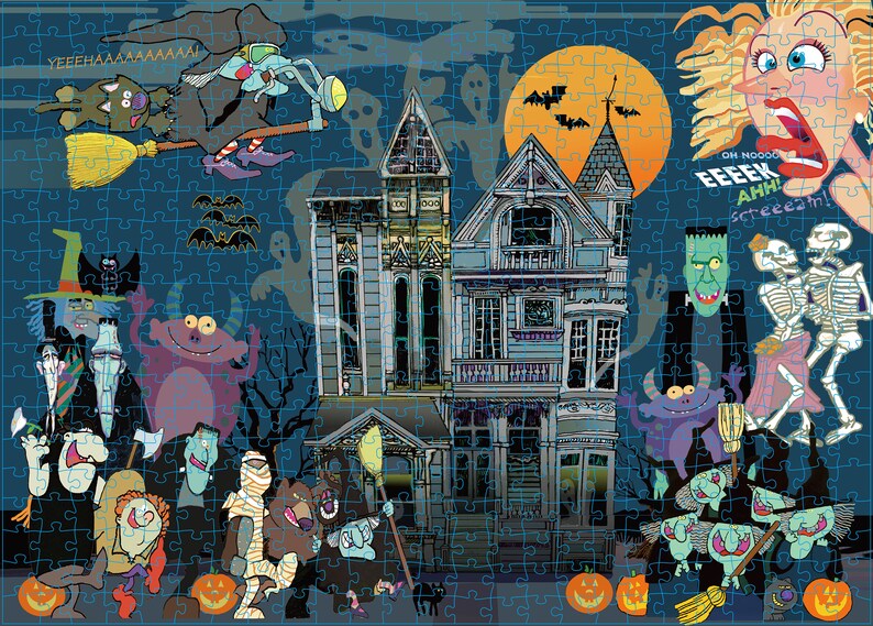May include: A colorful Halloween-themed jigsaw puzzle featuring a haunted house, a witch flying on a broomstick, a monster, a mummy, a skeleton, and a ghost. The puzzle has a blue background with a full moon and bats.