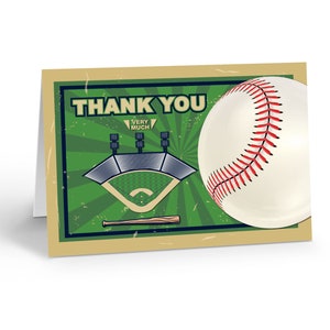 May include: A vintage-style thank you card with a green baseball field, a baseball, and a bat. The card says "Thank You Very Much".