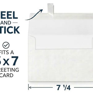 May include: A white envelope with a peel and stick adhesive strip. Text on the left reads PEEL AND STICK and FITS A 5x7 GREETING CARD. Dimension lines indicate a height of 5 1/4 inches and a width of 7 1/4 inches for the envelope.
