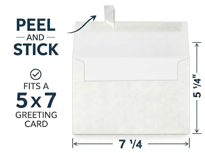 May include: A white envelope with a peel and stick adhesive strip. Text on the left reads PEEL AND STICK and FITS A 5x7 GREETING CARD. Dimension lines indicate a height of 5 1/4 inches and a width of 7 1/4 inches for the envelope.