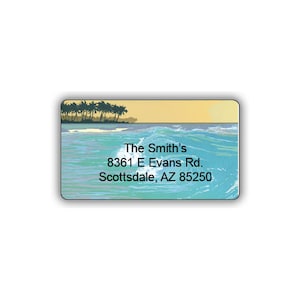 May include: A rectangular address label featuring a tropical ocean scene with turquoise waves and a line of palm trees against a yellow sky. The text reads: The Smith's, 8361 E Evans Rd., Scottsdale, AZ 85250, printed in a clear black font.