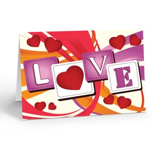 May include: A Valentine's Day card with a colorful abstract background and the word "LOVE" in pink squares with white letters. The background features orange and purple swirls and red hearts.