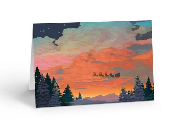 Forest Sunset Santa Christmas Cards, Set of 18 Holiday with Envelopes