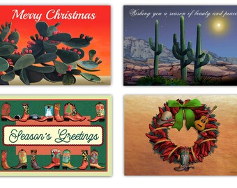 May include: Four Christmas cards with a Southwestern theme. The first card features a prickly pear cactus with red berries against a red and orange sunset. The second card shows three tall cacti against a desert landscape with a starry night sky. The third card features a green background with a row of colorful cowboy boots and the text "Season's Greetings". The fourth card shows a wreath made of red chili peppers with a cowboy hat, a guitar, and a green bow.