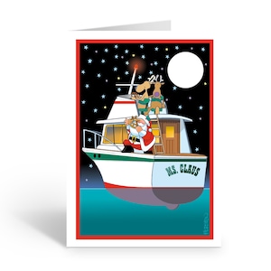 Santa Navigating Boating Christmas Card - 18 Nautical  Christmas Cards and Envelopes - 60006