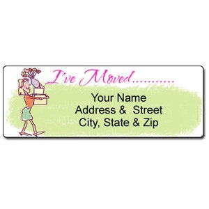 May include: A green and white moving announcement label with a cartoon illustration of a woman carrying boxes and a vase of flowers. The text reads "I've Moved... Your Name Address & Street City, State & Zip"