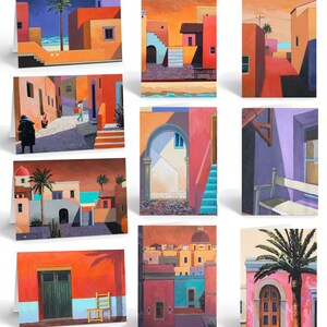 May include: Set of ten greeting cards featuring colorful, abstract paintings of buildings and landscapes in a Mediterranean style.