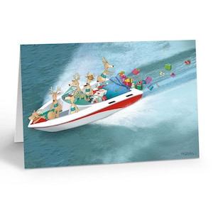 Stonehouse Collection | Speedboat Christmas Card | Boating Holiday Cards | Boat Ride with Santa and Reindeer - 60052