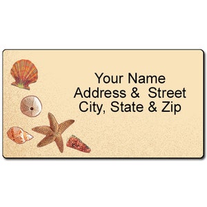 May include: A beige return address label with a seashell, starfish, and sand dollar design. The text "Your Name Address & Street City, State & Zip" is printed on the label.