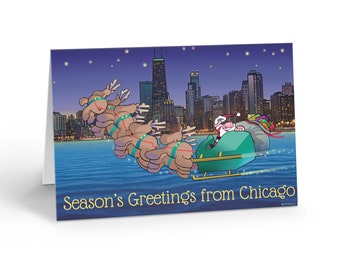 May include: A Christmas card featuring a cartoon illustration of Santa Claus flying over a cityscape with reindeer pulling his sleigh. The city skyline is of Chicago, Illinois. The card reads "Season's Greetings from Chicago".
