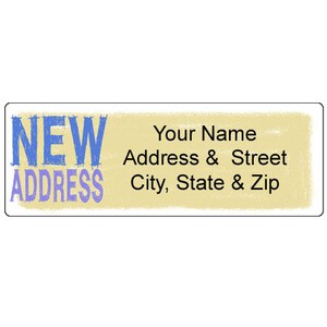 May include: A yellow and white label with the text "NEW ADDRESS" in blue and purple lettering. The label also includes the text "Your Name, Address & Street, City, State & Zip".