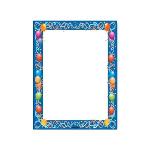 May include: A blue decorative paper frame with colorful balloons and streamers. The frame has a white center for text or images. The border features balloons in various colors, including pink, orange, blue, and green, with yellow ribbons and confetti.