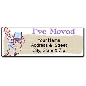 May include: A cartoon illustration of a person carrying a laptop computer with the text "I've Moved" and the words "Your Name, Address & Street, City, State & Zip" below.